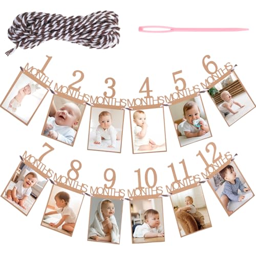 Geburtstags-Fotobanner für Babys von Neugeborenen bis 12 Monate, Monatliche Meilenstein-Girlande Bildbanner, Erste Geburtstagsfeier Dekorationen (Kraftpapier) von Tweruna