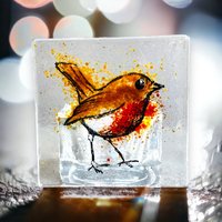 Rotkehlchen-Teelichthalter Aus Geschmolzenem Glas, Rotkehlchen-Dekoration Glas von Twicefiredglass