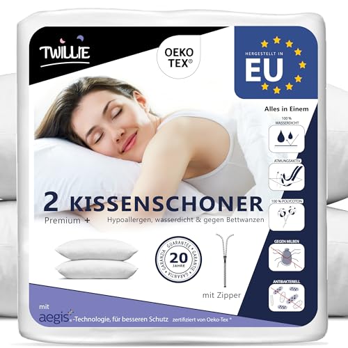 Twillie Kissenbezug Wasserdichter 40x60 cm (Set mit 2 Stück) - Aegis® - Öko-TEX® zert. – Kissenschoner mit Reißverschluss – Kissenschutzbezug Atmungsaktiv, Hypoallergen, Anti-Milben, Antibakteriell von Twillie