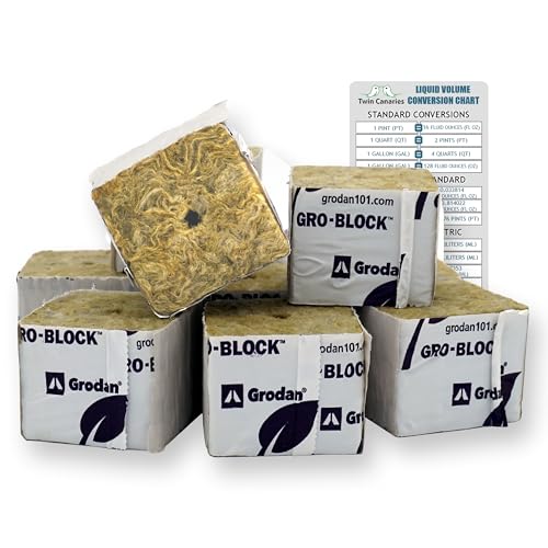 Grodan Rockwool Starter Miniblöcke, 5,1 cm, 1 Streifen mit 12 Blöcken (insgesamt 12 Blöcke) + Doppelkanarien-Tabelle von Twin Canaries Liquid Volume Conversion Chart