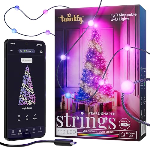 Twinkly Strings USB-C Pearls 100 LED, LED-Lichterkette in Perlenform, RGB LED-Lichter Mehrfarbig, Lichter zum Valentinstag, Kompatibel mit Alexa und Google Home, USB-C, Grünes Kabel, 6m von Twinkly