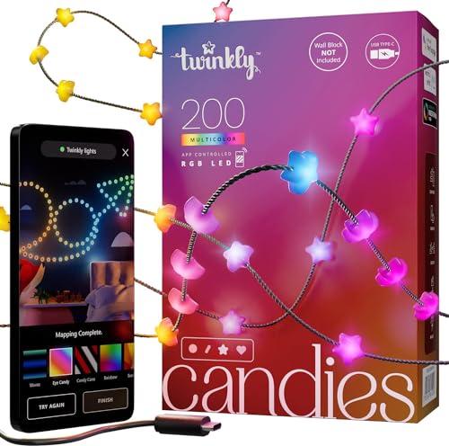 Twinkly Candies - Weihnachtslichterkette mit 200 RGB-LEDs - App-gesteuerte Weihnachtsdeko - USB-C-betrieben - Weihnachtsbeleuchtung für Drinnen, 12m, Stern, Grüner Draht von Twinkly