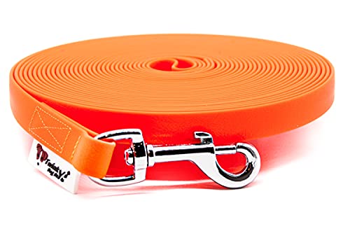 Twinkys Dog Style Salzwasser beständiger Edelstahl Karabiner Hundeleine Schleppleine Wasserabweisend 13 mm breit für Hunde OHNE Handschlaufe Neon Orange 10 Meter Made IN Germany von Twinkys