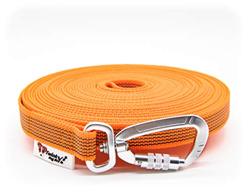 Twinkys Dog Style Schleppleine gummiert mit Sicherheitskarabiner 20 mm breit für Hunde bis 50 kg - MIT Handschlaufe 30 Meter Orange Made in Germany von Twinkys