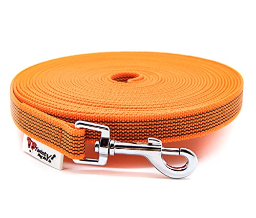 Twinkys Dog Style Schleppleine Hundeleine gummiert 20 mm breit bis 50 kg MIT Handschlaufe 20 Meter Orange Salzwasser beständiger Edelstahl Karabiner Made in Germany von Twinkys