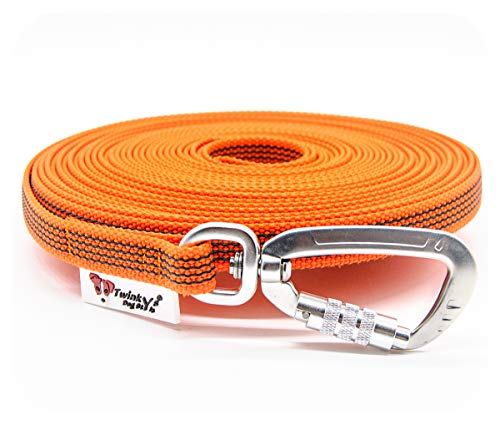 Twinkys Dog Style Schleppleine gummiert 15 mm breit für Hunde bis 50 kg in orange 10 Meter OHNE Handschlaufe mit Sicherheitskarabiner/Alu Made in Germany von Twinkys