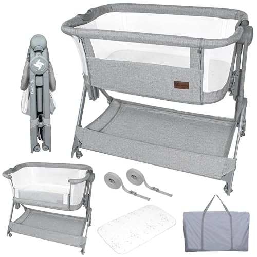 Twinly – Beistellbett Baby Comfortly mit Rollen | Klappbar & Höhenverstellbar (5 Stufen), Atmungsaktiv ab 0+ Monate bis 9 kg, inkl. Matratze, Laken & Tasche – Ohne Montage (Grau) von Twinly