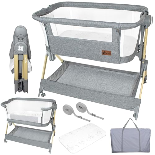 Twinly – Beistellbett Baby Comfortly mit Rollen | Klappbar & Höhenverstellbar (5 Stufen), Atmungsaktiv ab 0+ Monate bis 9 kg, inkl. Matratze, Laken & Tasche – Ohne Montage (Holzfarben) von Twinly