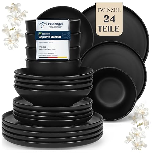 Twinzee Steinzeug Geschirrset Schwarz - Set von 24 Geschirr und Tischkunst - Teller Set - Mikrowellen- und Spülmaschinenfest - Langlebig und Elegant Twinzee Steinzeug Geschirrset Schwarz - Set von 24 Geschirr und Tischkunst - Teller Set - Mikrowellen- und Spülmaschinenfest - Langlebig und Elegant von Twinzee