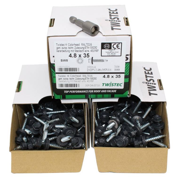Twistec Blechschraube Trapezblechschrauben 4,8x35 mm RAL7016, 300 Stk. inkl. SW8+, (Inklusive Steckschlüssel (SW8), Integrierte EPDM-Dichtung, Selbstbohrende Spitze von Twistec