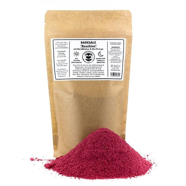 Two Hands BIO Badesalz „RossiLino“ mit Bio-Hibiskus & Bio-Orange - Plastikfrei - Bio Vegan von Two Hands BIO