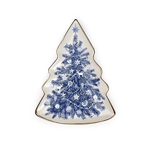 Two's Company Teller in Weihnachtsbaum-Form, Keramik, Weihnachtsbaum-Form, dekorative Plätzchenplatte für Weihnachtsmann, Weihnachtsbaum, Süßigkeitenschale oder Weihnachts-Servierplatte, Blau und Weiß von Two's Company