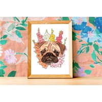 Floraler Hund - Mops August Print Hundeportrait Kunstdruck Wandkunst Poster von TwoFoldPrints
