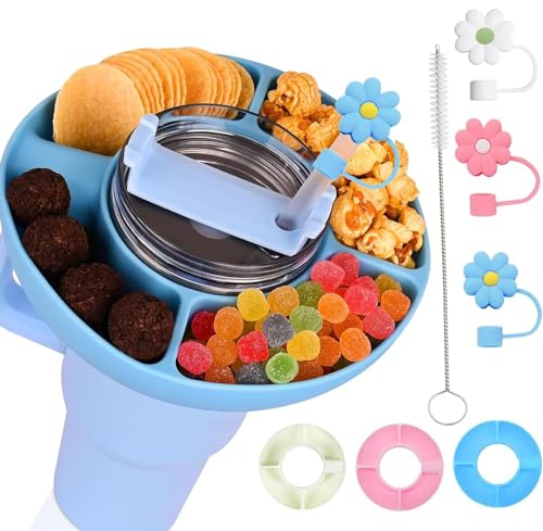 Snackschale für Stanley Cup, Silikon Stanley Cup Snacktablett Kompatibel mit Stanley 1,2 l Wiederverwendbare Snack-Aufbewahrungsschale mit 4 Fächern mit Strohhalm Topper und Bürste Stanley Cup Zubehör von Twshiny