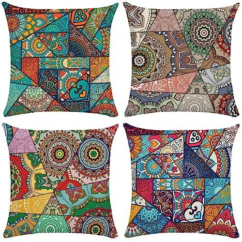 kissenbezug 35x35cm 4er Set Kissenbezüge Mandala Farbig Dekokissen Kissenhülle Leinen Couchkissen Quadratisch Sofakissen groß Zierkissenbezüge für Couch Sofa Bett Auto Schlafzimmer Wohnzimmer Deko C58 von Txier