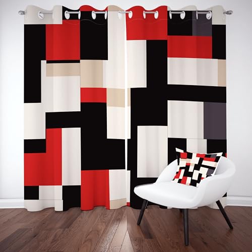 Abstrakte Geometrisch Vorhange Blickdicht 2er Set, Modern minimalistisch Gardinen mit Ösen Blackout Schwarz Weiß Rot Verdunklungsvorhänge 90 cm Lang 65 Breit Thermovorhang Wohnzimmer Schlafzimmer von Tyafsgvqo