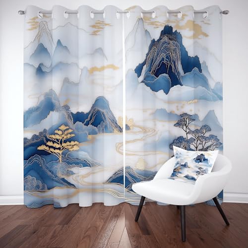 Asiatisch Natur Landschaft Verdunkelungsvorhange 2er Set, Zen Chinesischer Stil Vorhänge Wohnzimmer 160x132 cm Aquarell Berg Scenery Gardine Blickdicht Thermo mit Ösen Schlafzimmer Fensterdekoration von Tyafsgvqo