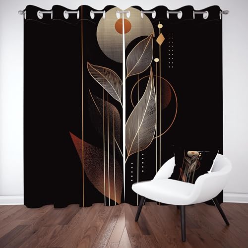 Boho Botanisch Blätter Verdunkelungsvorhange 2er Set, Mid Century Modern Kunst Vorhänge Wohnzimmer 160x132 cm Luxus Schwarz Gold Gardine Blickdicht Thermo mit Ösen Schlafzimmer Fensterdekoration von Tyafsgvqo