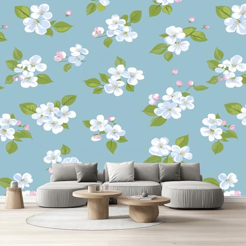 Fototapete Landhausstil Blumen Selbstklebende Tapete Botanisch Blätter Vliestapete Kinderzimmer Modern Hellblau Tapete Wohnzimmer Wandfolie Selbstklebend Abwaschbar Schlafzimmer Küche 290x432 cm von Tyafsgvqo
