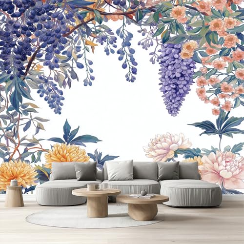 Frühlingsblumen Tapeten Schlafzimmer Fototapete Glyzinie Chrysantheme Tapete Kinderzimmer Möbelfolie Selbstklebend Natur Floral Pflanzen Vliestapete Küchentapete Wandtapete Wohnzimmer 400x280 cm von Tyafsgvqo