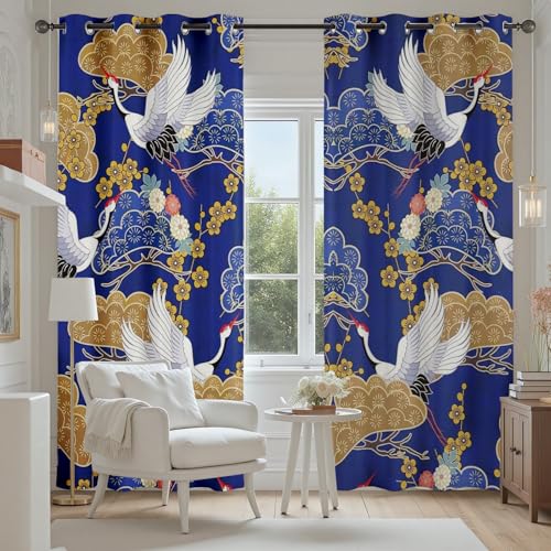 Japanischer Stil Vorhang mit Ösen 2er Set, Kirschblüte Kranich Gardinen Wohnzimmer 225x70 cm, Asien Traditionelle Verdunkelungsvorhange Blickdicht Schlafzimmer Thermo Schallschutz Blackout Curtain von Tyafsgvqo
