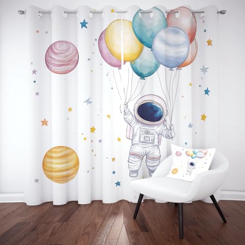 Karikatur Astronaut Vorhange Blickdicht 2er Set, Ballon Galaxie Planet Gardinen mit Ösen Curtain Universum Sterne Verdunklungsvorhänge 175 cm Lang 70 Breit Thermovorhang Wohnzimmer Schlafzimmer von Tyafsgvqo