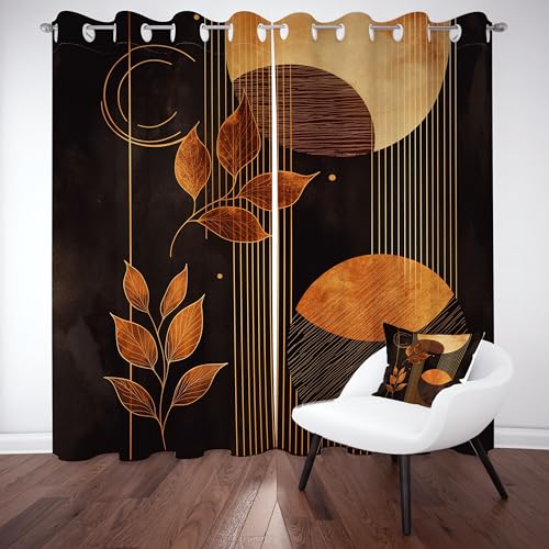 Mid Century Vorhange Blickdicht 2er Set, Abstrakte Geometrisch Linie Kunst Gardinen mit Ösen Boho Pflanzen Blätter Verdunklungsvorhänge 90 cm Lang 65 Breit Thermovorhang Wohnzimmer Schlafzimmer von Tyafsgvqo