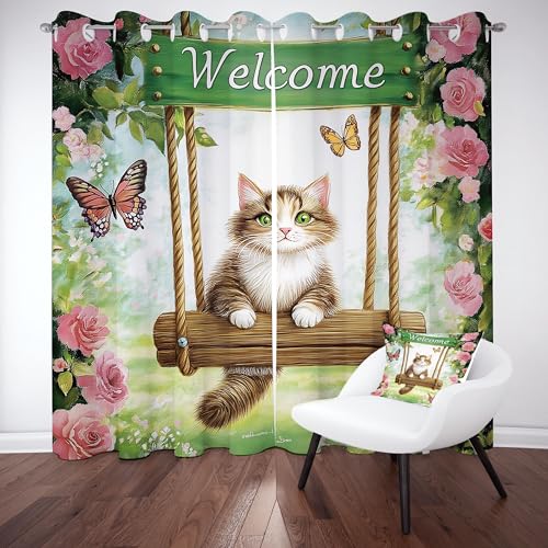 Niedlich Kätzchen Vorhang mit Ösen 2er Set, Katze Schmetterling Blumen Gardinen Wohnzimmer 245x70 cm, Aquarell Ölgemälde Verdunkelungsvorhange Blickdicht Thermo Kälteschutz Drapes Schlafzimmer von Tyafsgvqo