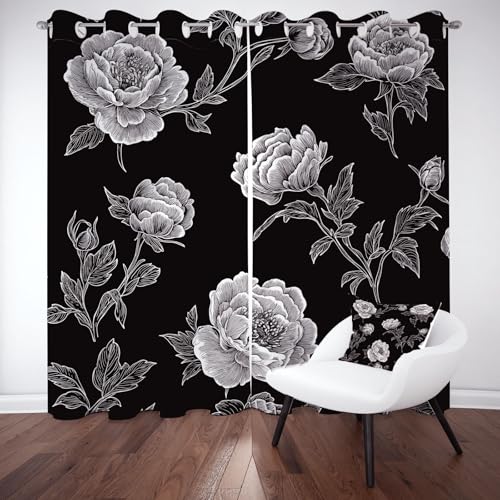 Schwarz Weiß Blumenmotiv Verdunkelungsvorhange 2er Set, Vintage Pflanzen Blumen Vorhänge Wohnzimmer 137x117cm Elegant Pfingstrose Gardine Blickdicht Kälteschutz mit Ösen Schlafzimmer Fensterdekoration von Tyafsgvqo