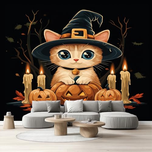 Tapete Kinderzimmer Hexe Kätzchen Fototapete Wohnzimmer Halloween Katze Vliestapete Küche Kerze Kürbis Laterne Wandtapete Schlafzimmer Wasserfest Abwaschbar Möbelfolie Selbstklebend 250x350 cm von Tyafsgvqo