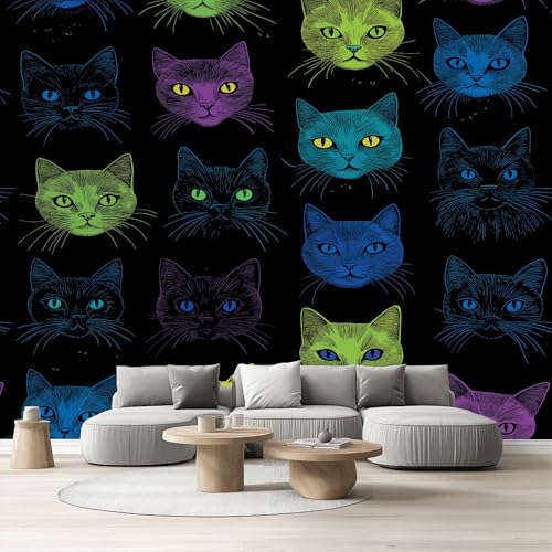 Tapete Wohnzimmer Neon Kätzchen, Selbstklebende Tapete Bunt Katzenmotiv Wandtapete Schlafzimmer Vliestapete Cartoon Haustier Tier Fototapete Küche Wasserfest Abwaschbar Kinderzimmer 200x140 cm von Tyafsgvqo