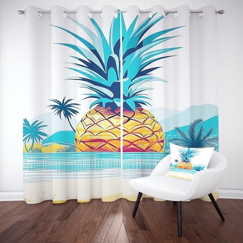 Tropisch Obst Ananas Vorhange Blickdicht 2er Set, Palme meer strand Gardinen mit Ösen Blackout Hawaii Küste Scenery Verdunklungsvorhänge 90 cm Lang 65 Breit Thermovorhang Wohnzimmer Schlafzimmer von Tyafsgvqo