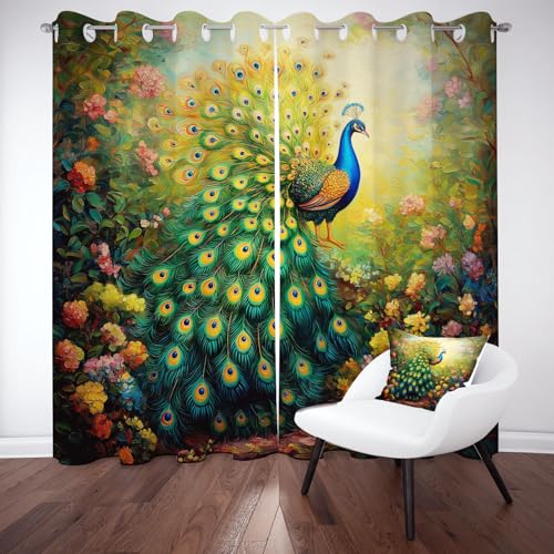 Tyafsgvqo Blumen Pfau Vorhang mit Ösen 2er Set, Exotisch Wildtier Gardinen Wohnzimmer 225x70 cm, Vogel Tiermotiv Verdunkelungsvorhange Blickdicht Thermo Kälteschutz Curtains Schlafzimmer von Tyafsgvqo