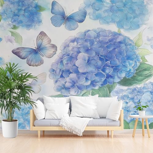 Tyafsgvqo Hortensien Fototapete Wasserfest, Blau Schmetterling Blumen Vliestapete Möbelfolie Selbstklebend, Natur Landhausstil Tapete Wandtapete Wohnzimmer Schlafzimmer Kinderzimmer Küche 390x280 cm von Tyafsgvqo
