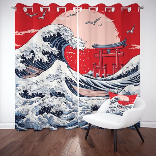 Tyafsgvqo Japanischer Stil Vorhange Blickdicht 2er Set, Hokusai Muster Gardinen mit Ösen Meereswelle Schrein Verdunklungsvorhänge 90 cm Lang 65 Breit Thermovorhang Wohnzimmer Schlafzimmer von Tyafsgvqo