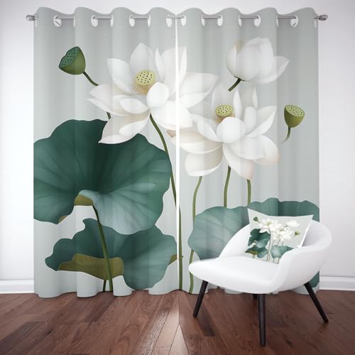 Tyafsgvqo Lotus Verdunkelungsvorhange 2er Set, Botanisch Blumen Vorhänge Wohnzimmer 160x132 cm Grün Pflanzen Blätter Gardine Blickdicht Thermo mit Ösen Schlafzimmer Fensterdekoration von Tyafsgvqo