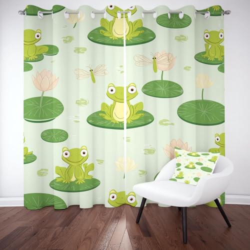 Tyafsgvqo Niedliche Frosch Vorhang mit Ösen 2er Set, Karikatur Tier Gardinen Wohnzimmer 225x70 cm, Libelle Lotus Blumen Verdunkelungsvorhange Blickdicht Thermo Kälteschutz Curtains Schlafzimmer von Tyafsgvqo