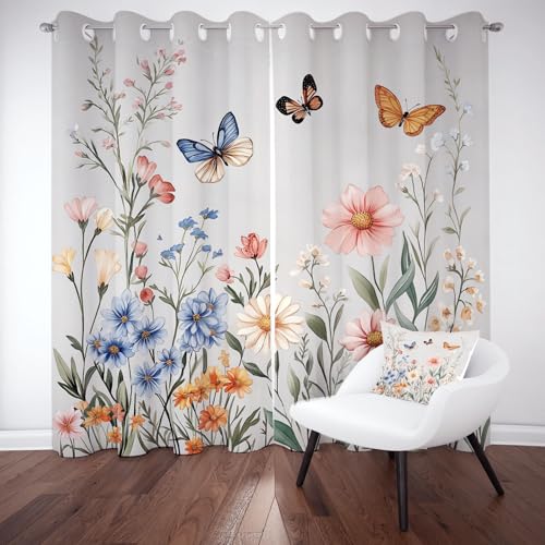 Tyafsgvqo Schmetterling Wildblumen Verdunkelungsvorhange 2er Set, Blumen Pflanzenmuster Vorhänge Wohnzimmer 160x132 cm Natur Landhaus Gardine Blickdicht Thermo mit Ösen Schlafzimmer Fensterdekoration von Tyafsgvqo