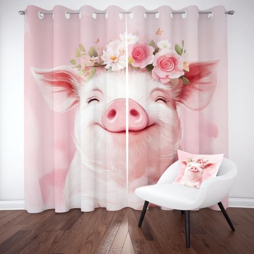 Tyafsgvqo Süße Schwein Verdunkelungsvorhange 2er Set, Blumen Schweinchen Vorhänge Wohnzimmer 137x117 cm Aquarell Tiermotiv Gardine Blickdicht Kälteschutz mit Ösen Schlafzimmer Fensterdekoration von Tyafsgvqo