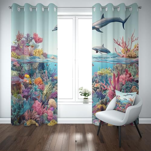 Tyafsgvqo Unterwasserwelt Verdunkelungsvorhange 2er Set, Meerestier Bunt Koralle Vorhänge Wohnzimmer 160x132 cm Tropisch Fisch Gardine Blickdicht Thermo mit Ösen Schlafzimmer Fensterdekoration von Tyafsgvqo