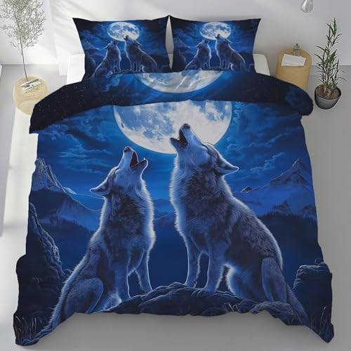 Tyafsgvqo Vollmond Wolf Bettbezug 155x220 cm, Wald Wildtier Wendebettwäsche 3 Teilig Bügelfrei, Tiermotiv Bettwäsche Set Atmungsaktiv Weich Mikrofaser mit 2 Kissenbezug 80x80 cm Tyafsgvqo Vollmond Wolf Bettbezug 155x220 cm, Wald Wildtier Wendebettwäsche 3 Teilig Bügelfrei, Tiermotiv Bettwäsche Set Atmungsaktiv Weich Mikrofaser mit 2 Kissenbezug 80x80 cm von Tyafsgvqo