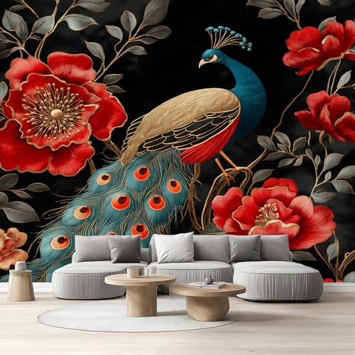 Vliestapete Blumen Pfau Selbstklebende Fototapete Chinoiserie Tapete Schlafzimmer Vintage Orientalisch Wandtapete Wohnzimmer Kinderzimmer Wasserfest Möbelfolie Küche Flur 308x220 cm von Tyafsgvqo