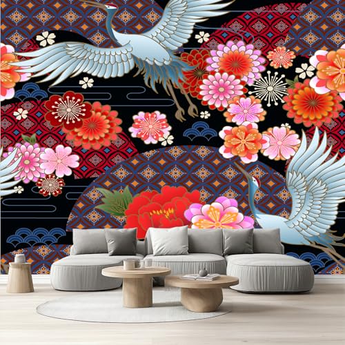 Vliestapete Bunt Blumen Kranich Selbstklebende Fototapete Antike Japanischer Stil Tapete Schlafzimmer Tradition Asiatisch Wandtapete Wohnzimmer Kinderzimmer Wasserfest Möbelfolie Küche Flur 308x220 cm von Tyafsgvqo