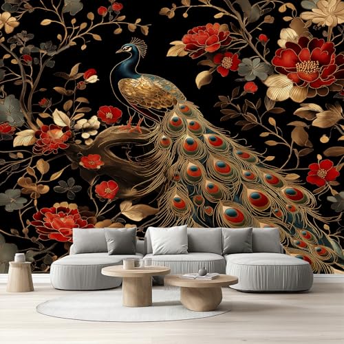 Vliestapete Chinoiserie Selbstklebende Fototapete Vintage Blumen Pfau Tapete Schlafzimmer Luxus Elegant Wandtapete Wohnzimmer Kinderzimmer Wasserfest Möbelfolie Küche Flur 308x220 cm von Tyafsgvqo