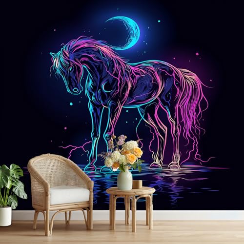 Vliestapete Neon Pferde Selbstklebende Fototapete Fantasy Tier Tapete Schlafzimmer Modern Kunst Illustration Wandtapete Wohnzimmer Kinderzimmer Wasserfest Möbelfolie Küche Flur 308x220 cm von Tyafsgvqo
