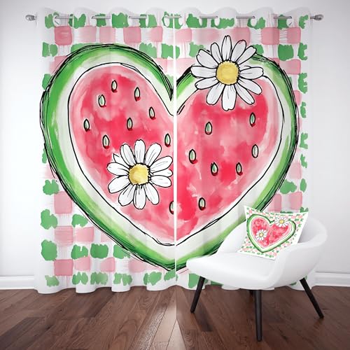 Wassermelone Gänseblümchen Vorhang mit Ösen 2er Set, Aquarell Kariert Gardinen Wohnzimmer 225x70 cm, Landhaus Frücht Blumen Verdunkelungsvorhange Blickdicht Thermo Kälteschutz Curtains Schlafzimmer von Tyafsgvqo