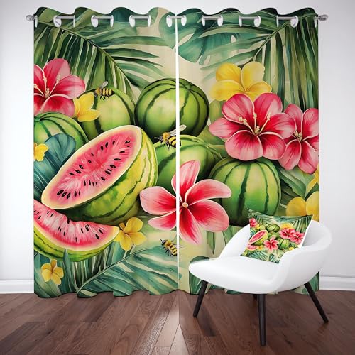 Wassermelone Obst Verdunkelungsvorhange 2er Set, Aquarell Biene Hibiskus Vorhänge Wohnzimmer 160x132 cm Tropische Frücht Blumen Gardine Blickdicht Thermo mit Ösen Schlafzimmer Fensterdekoration von Tyafsgvqo