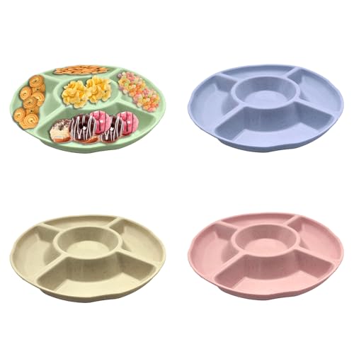 4 PCS Snackteller mit 5 Fächern Rund, Stapelbarer Snack Teller Plastik Bunte, Süßigkeiten Dessert Teller Obstteller Snackschale mit Fächern, Wiederverwendbar Unterteilung Snackspender für Home Party von Tyanlenr