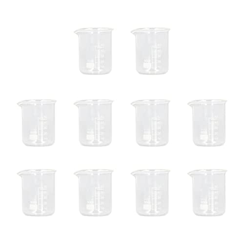 Tyenaza Scientific Glasbecher, 10-teiliges 50-ml-Glas-Messbecher-Set mit niedriger Form, Dicker experimenteller Graduierten-Zylinder-Becher mit klarer Standard-Skalenlinie von Tyenaza