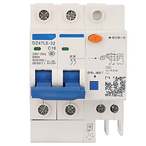 2 Polig fi Schutzschalter, 30mA 230V Fehlerstromschutzschalter, DZ47LE-32 2P+2 16A 230V, Mit Überstromschutz, 35mm DIN-Schienenmontage von Tyenaza